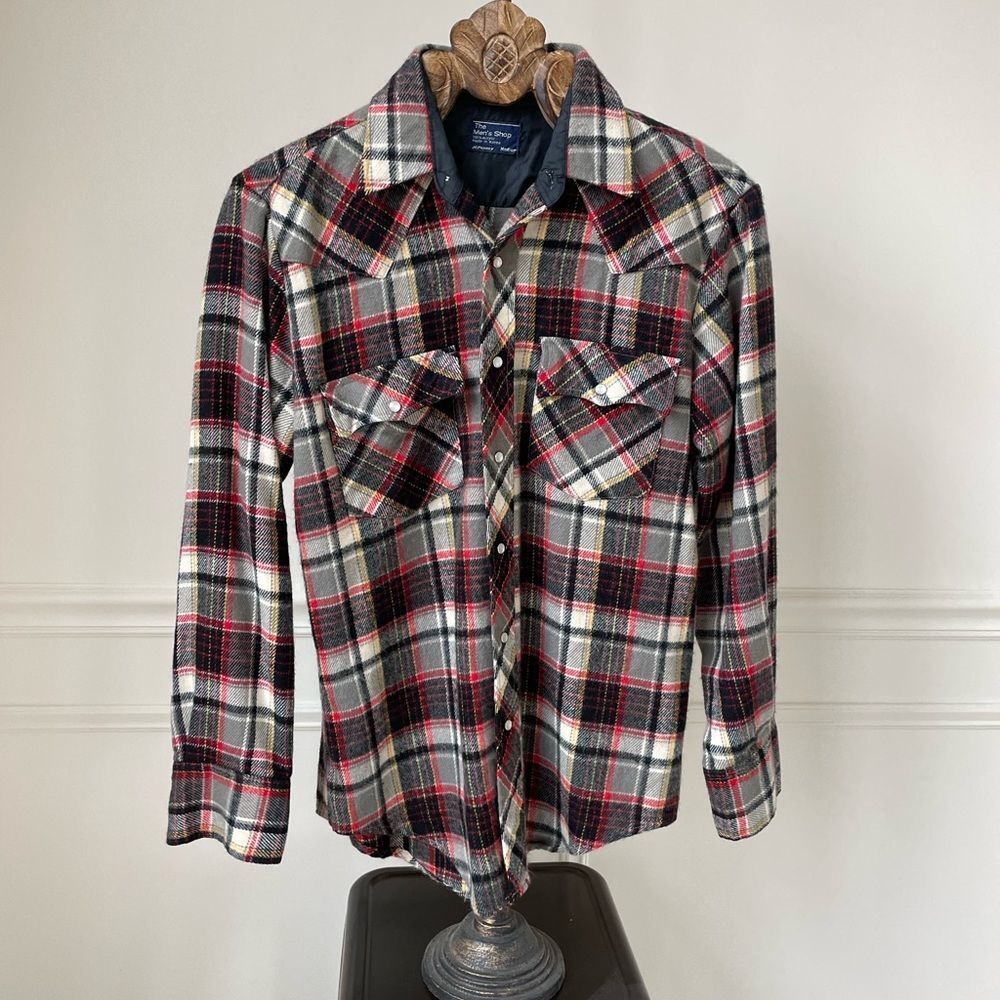 Vintage JCPenney Men’s Western Plaid Snap Front Shirt Acrylic Red Black Grey M
